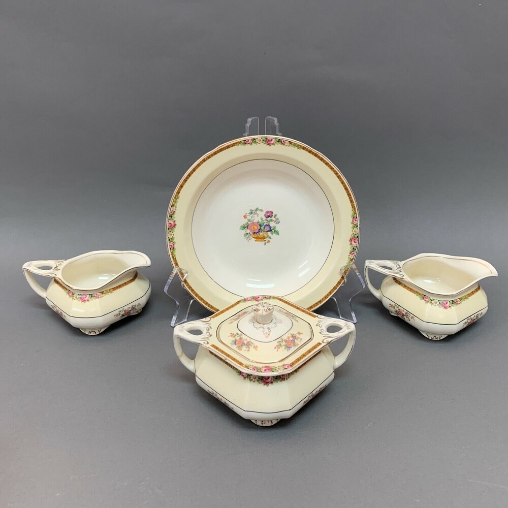 W H Grindley & Co Ivory Alton Sugar‎ Bowl Cream Gold Trim Floral Lot of 4